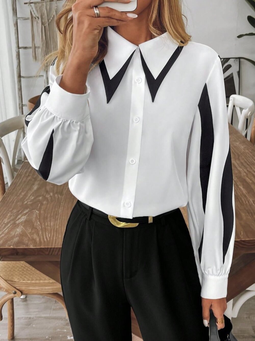 Black And White Casual Women's Color Contrast Print Shirt